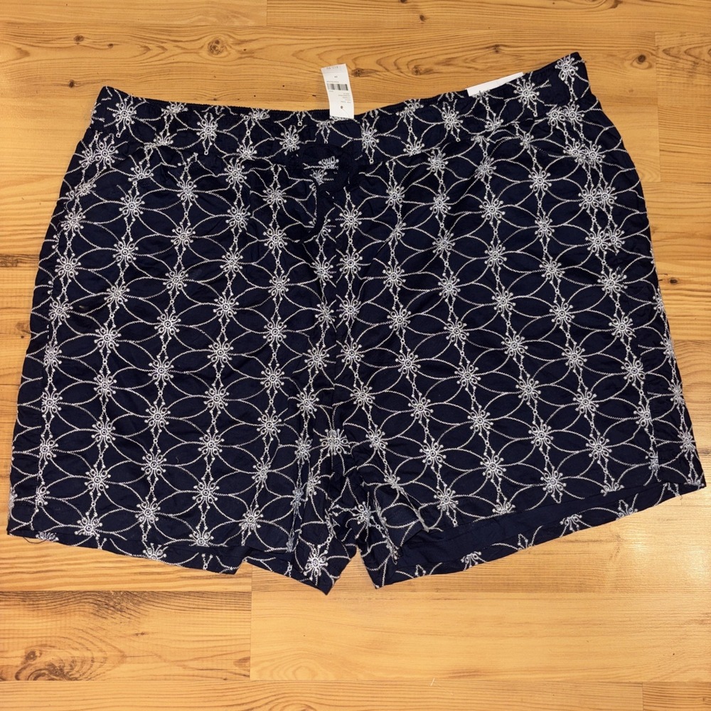 NWT Lane Bryant Sz 24 Chino Shorts Navy White Embroidered Cotton Drawstring